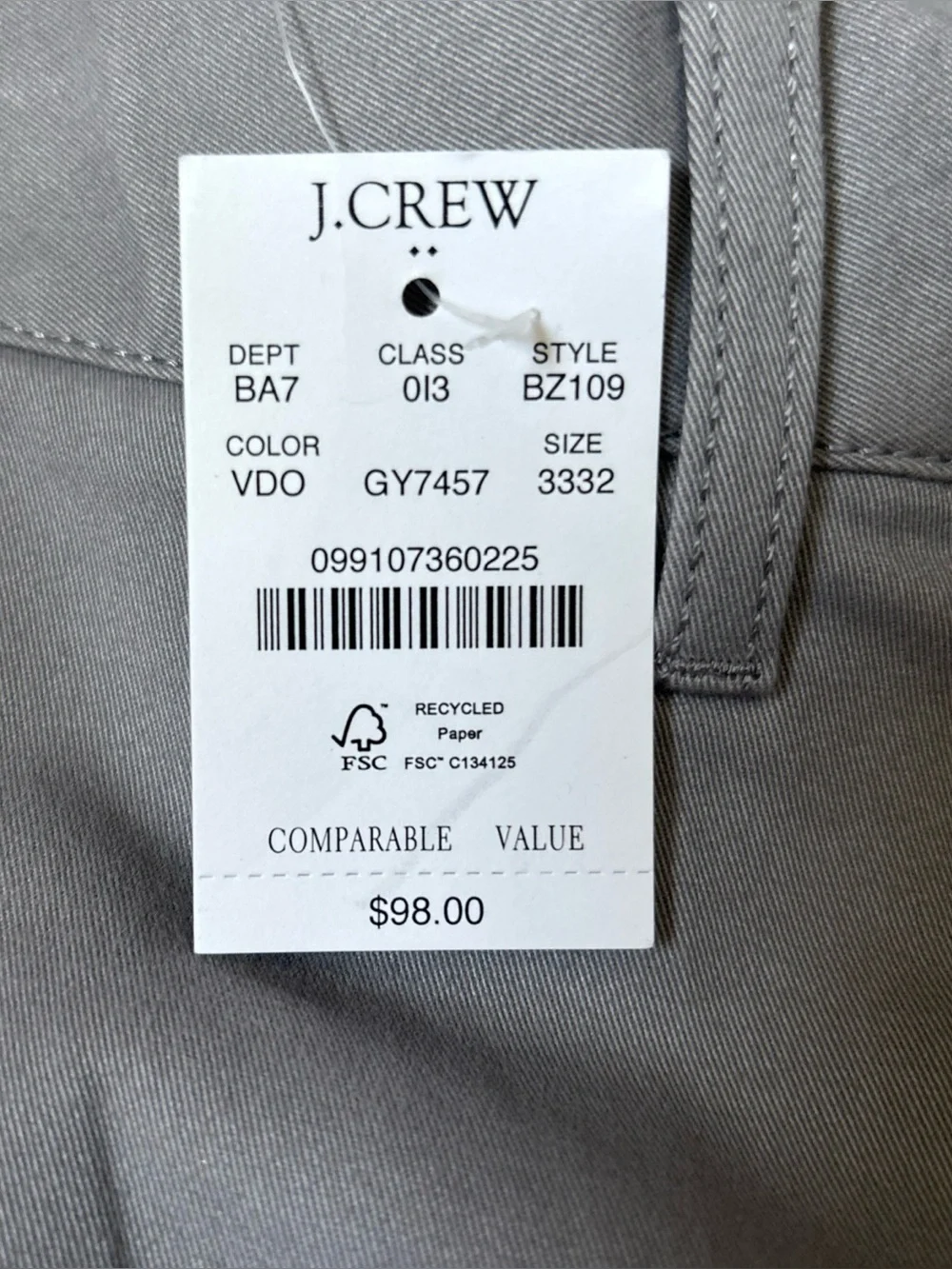 J. Crew Men’s Light Gray Slim Chino Pants